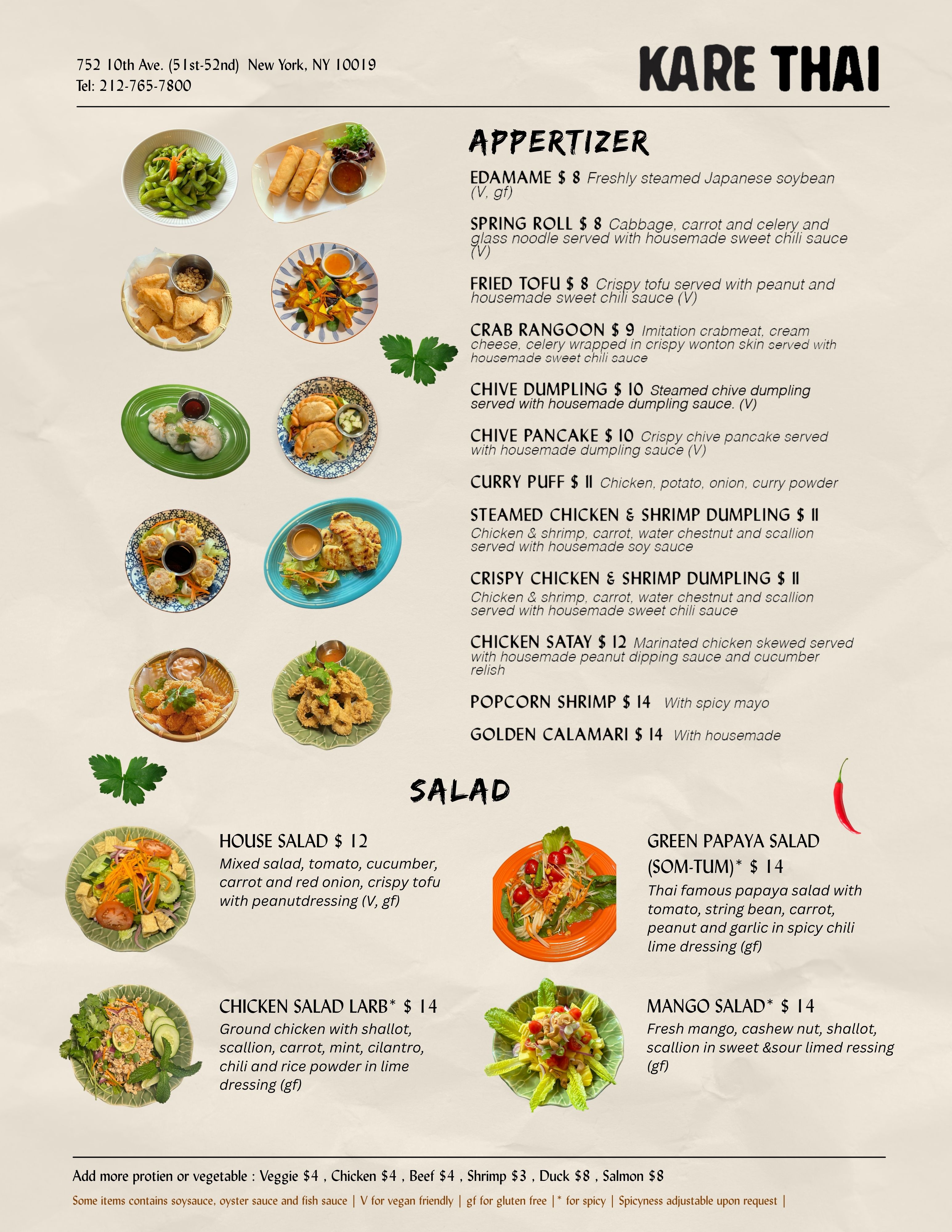 Menu Appetizer and salad